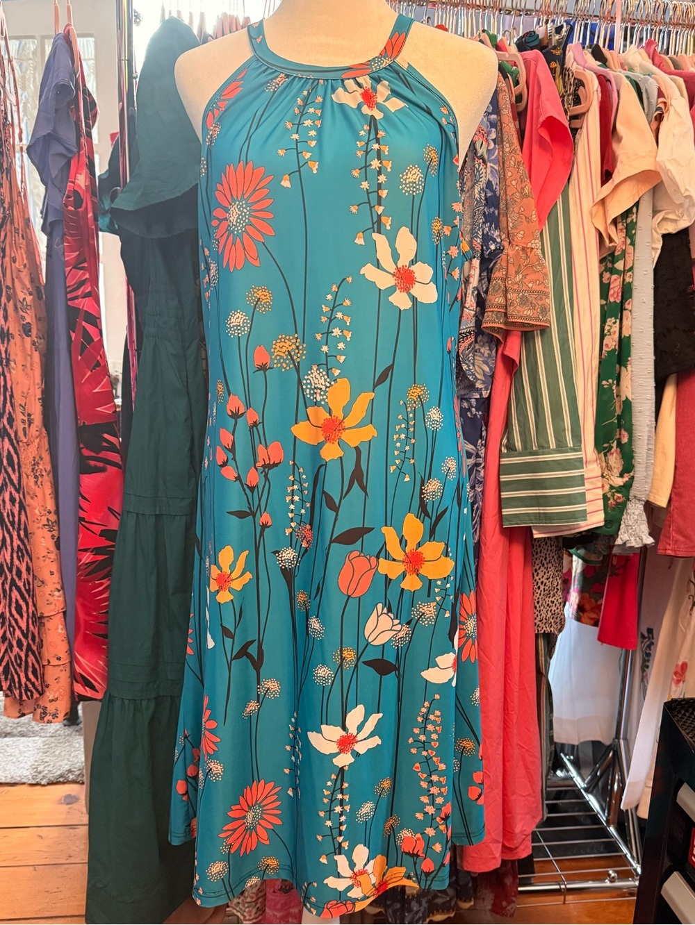 Teal Floral Halter Midi Dress